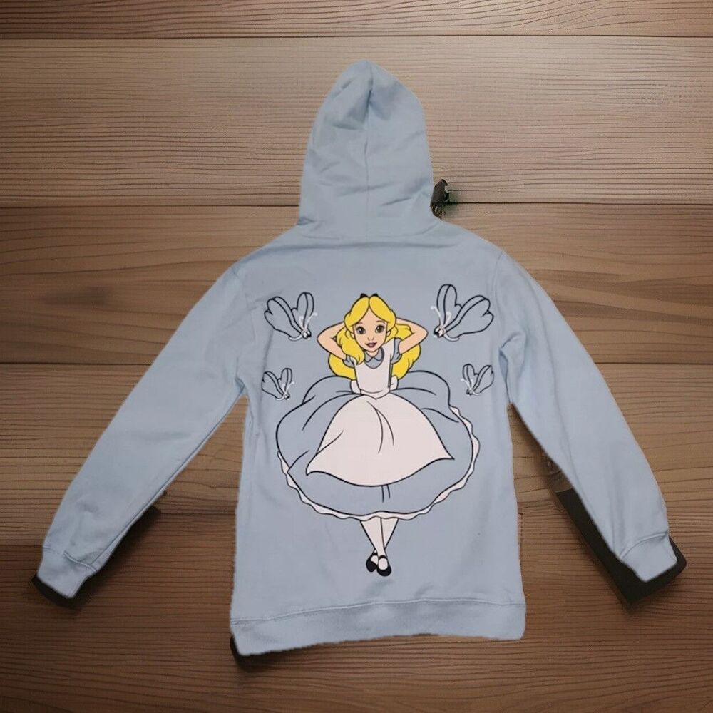 New Women’s Disney Alice in Wonderland Blue Graphic Hoodie XL Embroidered